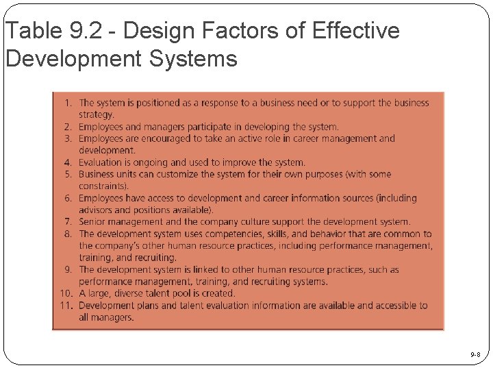 Table 9. 2 - Design Factors of Effective Development Systems 9 -8 