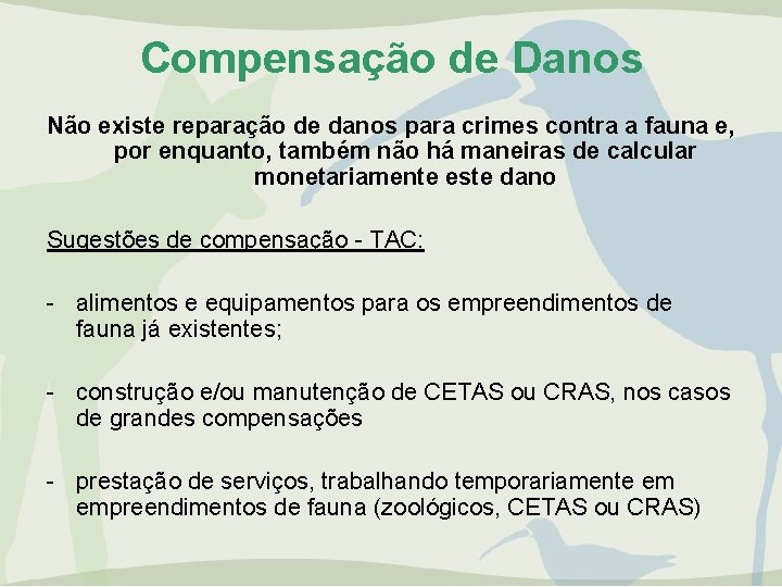 Compensação de Danos Não existe reparação de danos para crimes contra a fauna e,