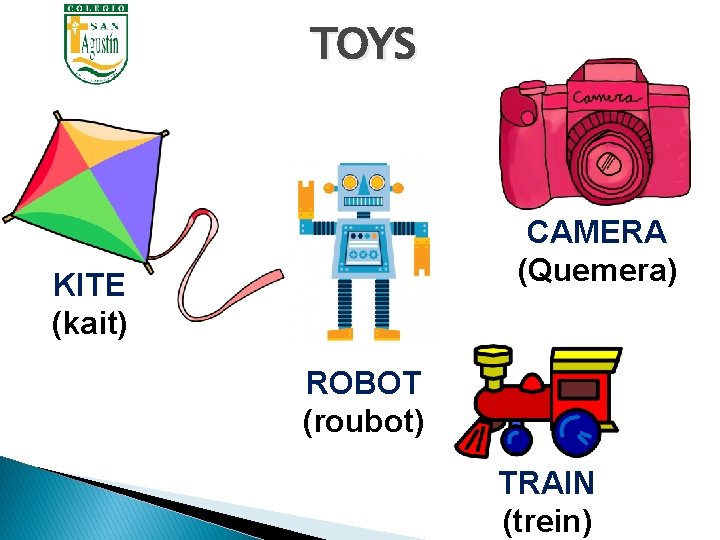 TOYS CAMERA (Quemera) KITE (kait) ROBOT (roubot) TRAIN (trein) 