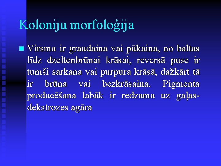 Koloniju morfoloģija n Virsma ir graudaina vai pūkaina, no baltas līdz dzeltenbrūnai krāsai, reversā