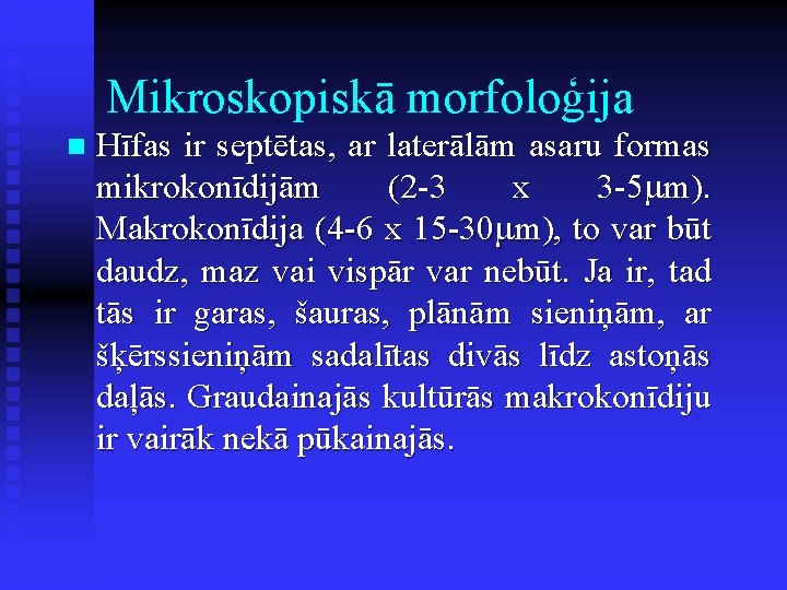 Mikroskopiskā morfoloģija n Hīfas ir septētas, ar laterālām asaru formas mikrokonīdijām (2 -3 x