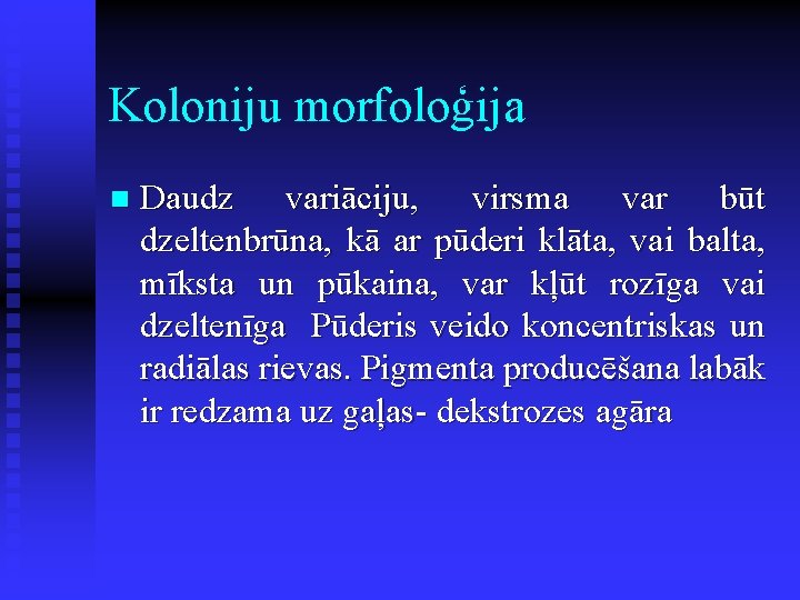 Koloniju morfoloģija n Daudz variāciju, virsma var būt dzeltenbrūna, kā ar pūderi klāta, vai