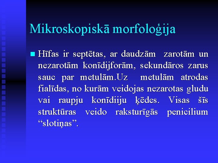 Mikroskopiskā morfoloģija n Hīfas ir septētas, ar daudzām zarotām un nezarotām konīdijforām, sekundāros zarus