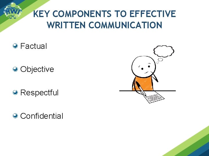 KEY COMPONENTS TO EFFECTIVE WRITTEN COMMUNICATION Factual Objective Respectful Confidential 