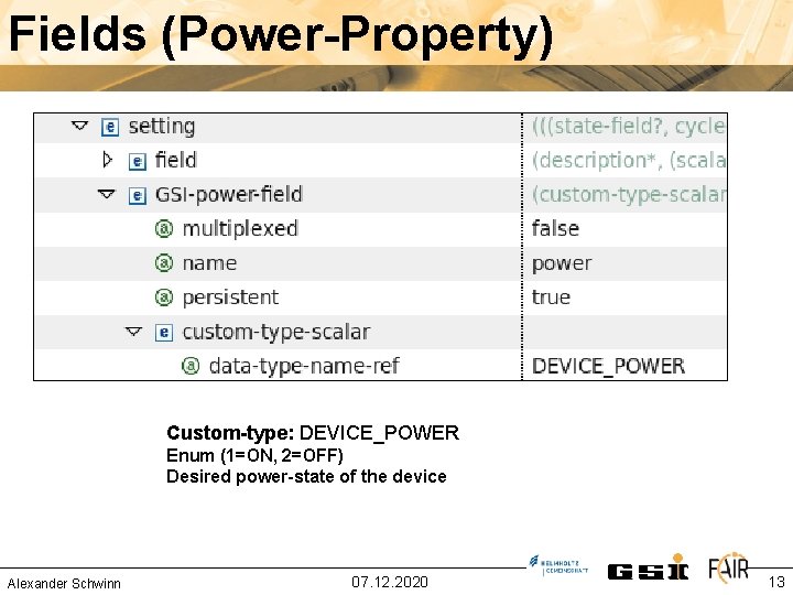 Fields (Power-Property) Custom-type: DEVICE_POWER Enum (1=ON, 2=OFF) Desired power-state of the device Alexander Schwinn