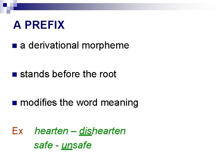 A PREFIX n a derivational morpheme n stands before the root n modifies the