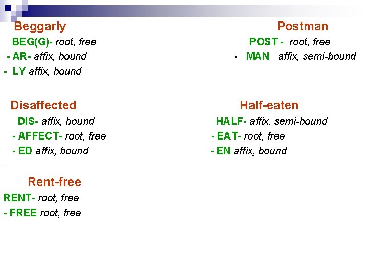 Beggarly BEG(G)- root, free - AR- affix, bound - LY affix, bound Disaffected DIS-