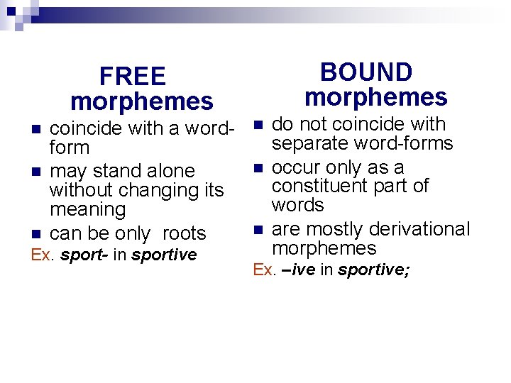 BOUND morphemes FREE morphemes n n n coincide with a wordform may stand alone
