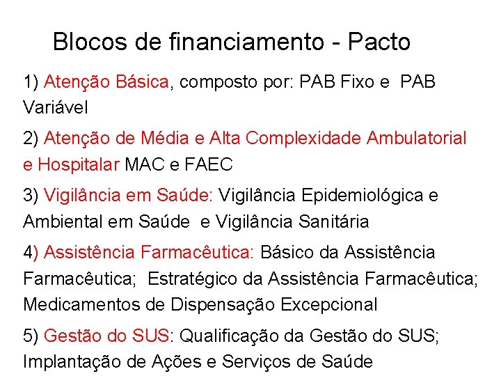 Blocos de financiamento - Pacto 1) Atenção Básica, composto por: PAB Fixo e PAB Blocos de financiamento - Pacto 1) Atenção Básica, composto por: PAB Fixo e PAB