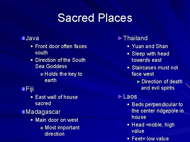 Sacred Places Java § Front door often faces south § Direction of the South