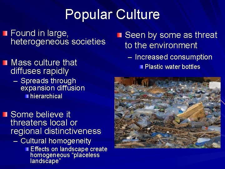 Popular Culture Found in large, heterogeneous societies Mass culture that diffuses rapidly – Spreads