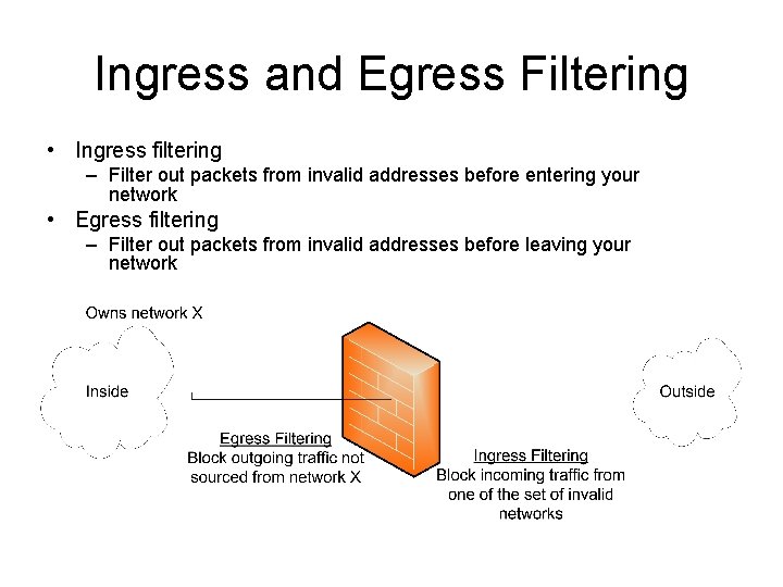 Ingress and Egress Filtering • Ingress filtering – Filter out packets from invalid addresses