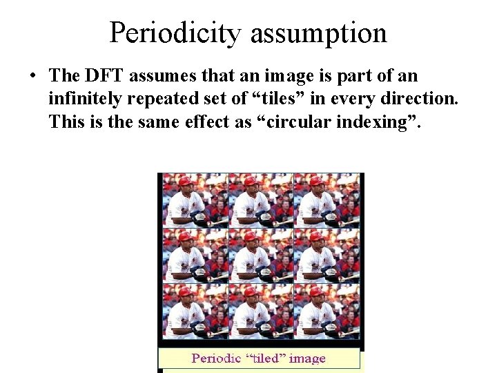 Periodicity assumption • The DFT assumes that an image is part of an infinitely