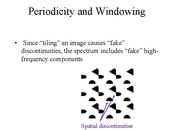 Periodicity and Windowing • Since “tiling” an image causes “fake” discontinuities, the spectrum includes