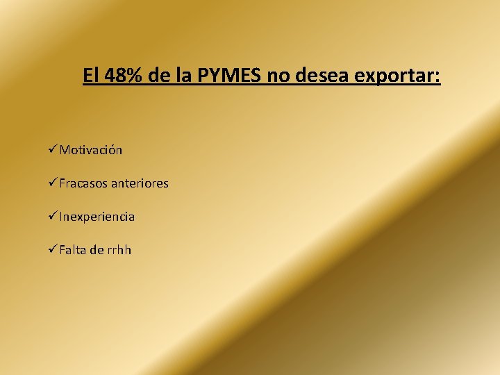 El 48% de la PYMES no desea exportar: Motivación Fracasos anteriores Inexperiencia Falta de