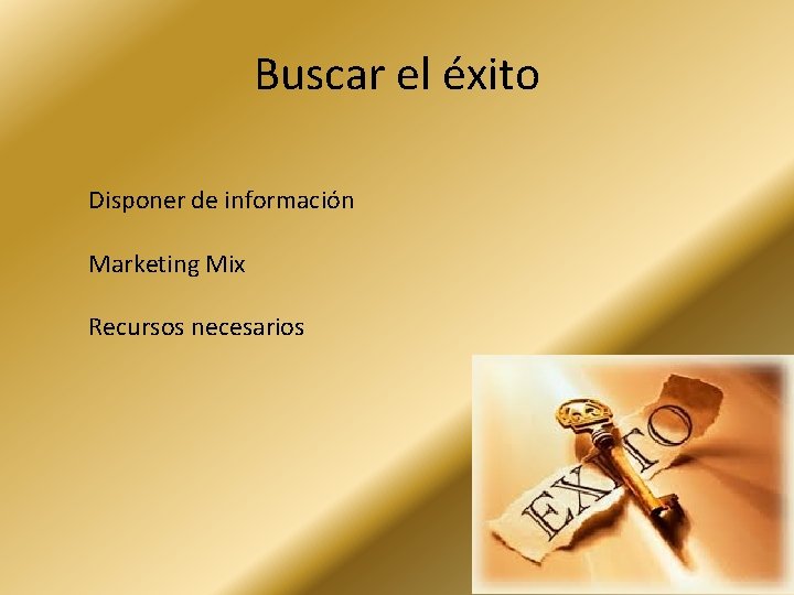 Buscar el éxito Disponer de información Marketing Mix Recursos necesarios 