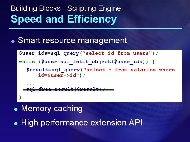 Building Blocks - Scripting Engine Speed and Efficiency l Smart resource management $user_ids=sql_query("select id