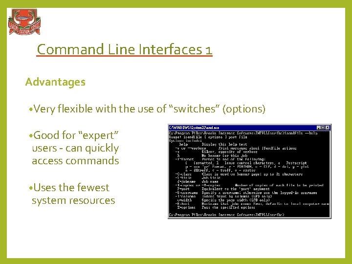 Command Line Interfaces 1 Advantages • Very flexible with the use of “switches” (options)