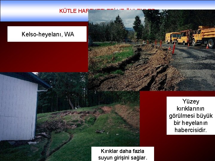 KÜTLE HAREKETLERİ VE ÖNLEMLER YRD. Doç. Dr. Yaşar EREN Kelso-heyelanı, WA Yüzey kırıklarının görülmesi