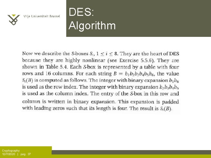 DES: Algorithm Cryptography 12/7/2020 | pag. 37 