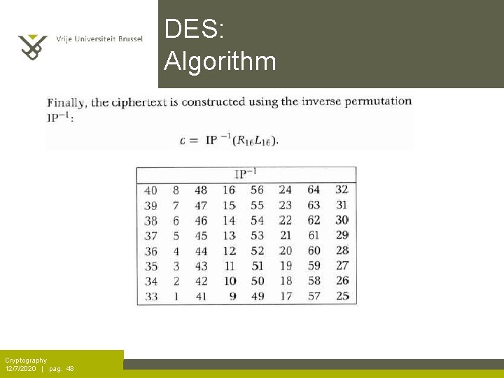 DES: Algorithm Cryptography 12/7/2020 | pag. 43 