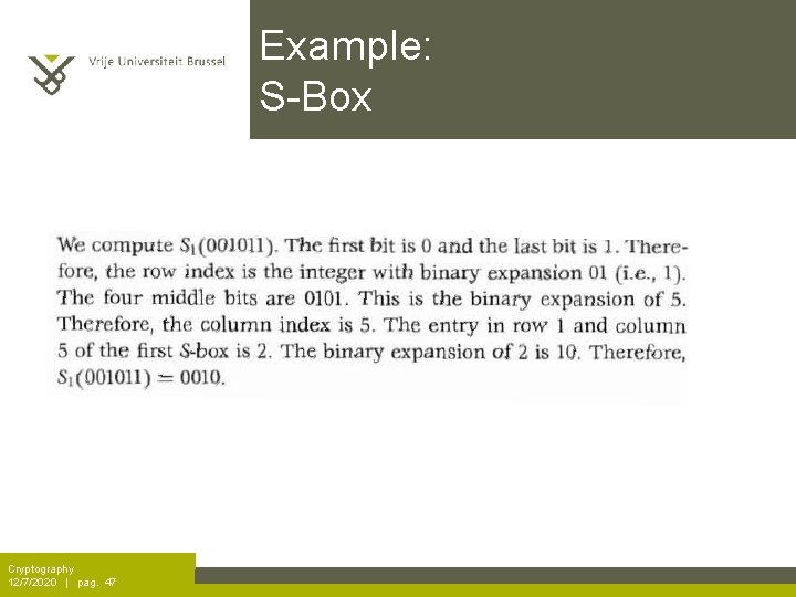 Example: S-Box Cryptography 12/7/2020 | pag. 47 