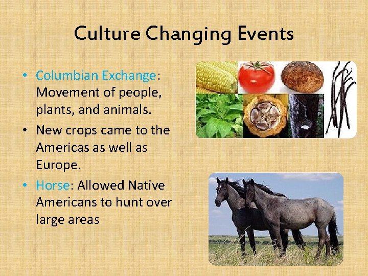 Culture Changing Events • Columbian Exchange: Movement of people, plants, and animals. • New