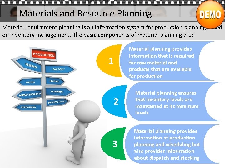 Materials and Resource Planning Material requirement planning is an information system for production planning