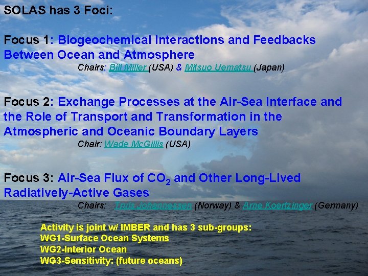 SOLAS has 3 Foci: Focus 1: Biogeochemical Interactions and Feedbacks Between Ocean and Atmosphere