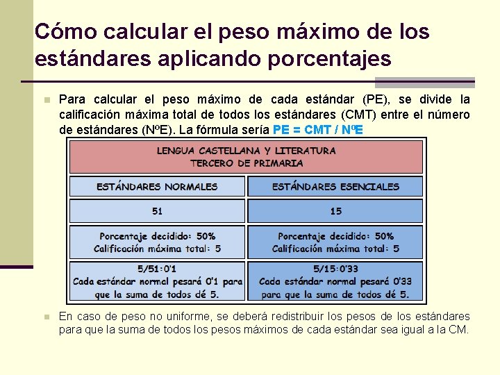 Cómo calcular el peso máximo de los estándares aplicando porcentajes n Para calcular el