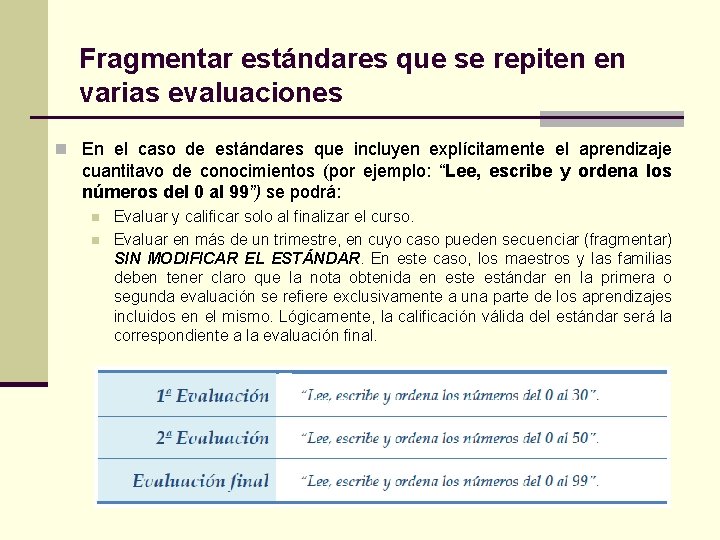 Fragmentar estándares que se repiten en varias evaluaciones n En el caso de estándares