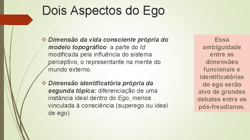 Dois Aspectos do Ego Dimensão da vida consciente própria do modelo topográfico: a parte