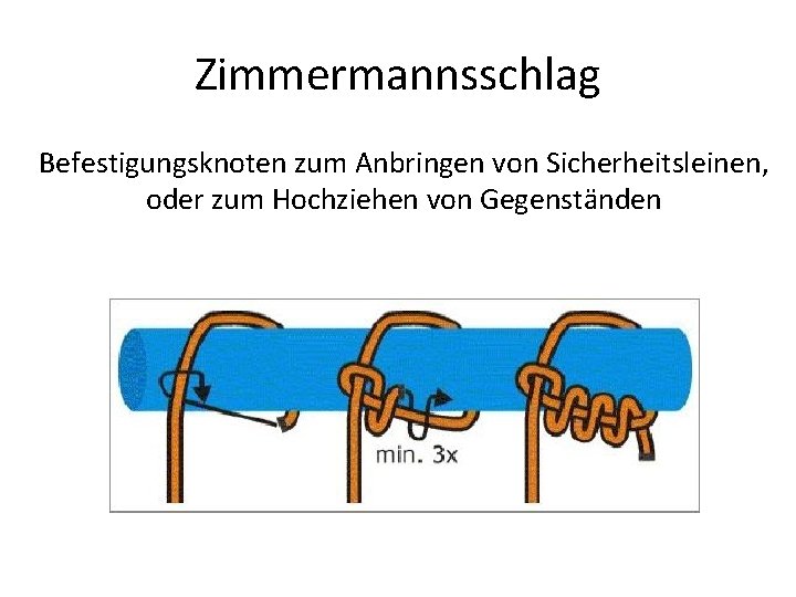 Zimmermannsschlag Befestigungsknoten zum Anbringen von Sicherheitsleinen, oder zum Hochziehen von Gegenständen 