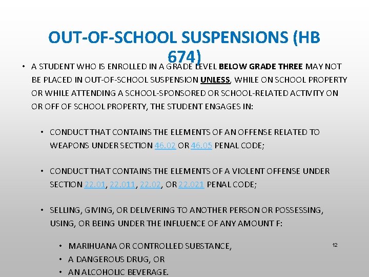  • OUT-OF-SCHOOL SUSPENSIONS (HB 674) A STUDENT WHO IS ENROLLED IN A GRADE