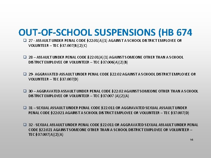 OUT-OF-SCHOOL SUSPENSIONS (HB 674 q 27 - ASSAULT UNDER PENAL CODE § 22. 01(A)(1)
