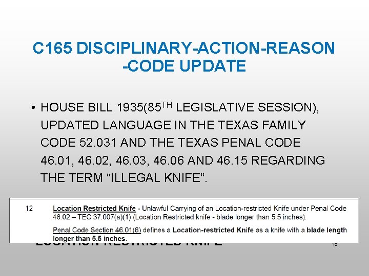 C 165 DISCIPLINARY-ACTION-REASON -CODE UPDATE • HOUSE BILL 1935(85 TH LEGISLATIVE SESSION), UPDATED LANGUAGE