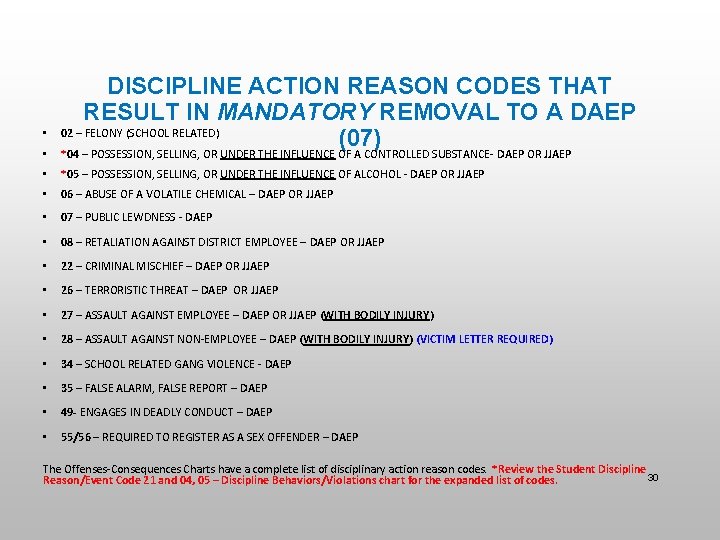  • • DISCIPLINE ACTION REASON CODES THAT RESULT IN MANDATORY REMOVAL TO A