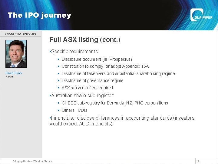Welcome The IPO journey CURRENTLY SPEAKING Full ASX listing (cont. ) • Specific requirements