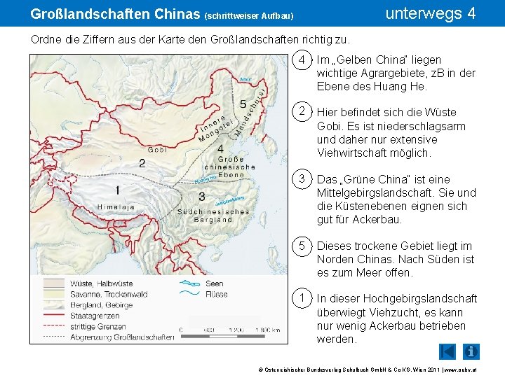 unterwegs 4 Großlandschaften Chinas (schrittweiser Aufbau) Ordne die Ziffern aus der Karte den Großlandschaften