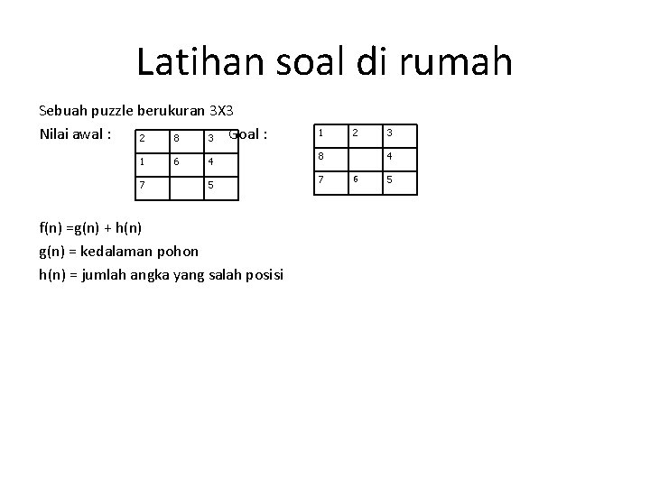 Latihan soal di rumah Sebuah puzzle berukuran 3 X 3 Nilai awal : 2