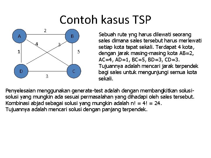 Contoh kasus TSP 2 A 4 B 3 1 D 5 3 C Sebuah