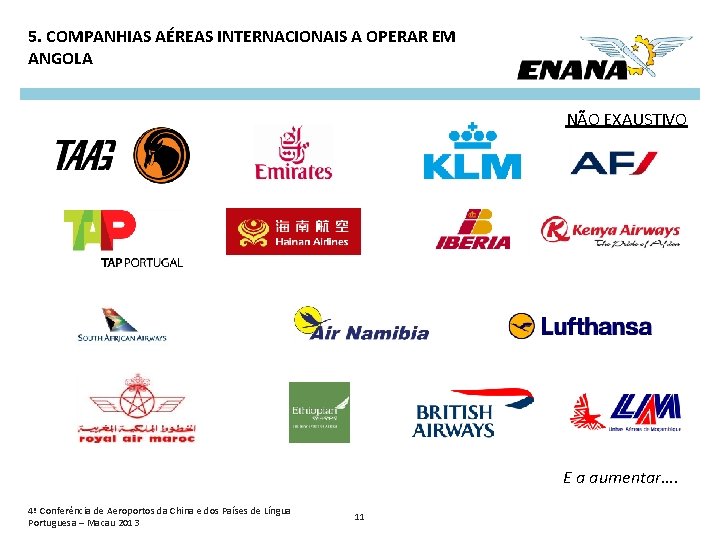 5. COMPANHIAS AÉREAS INTERNACIONAIS A OPERAR EM ANGOLA NÃO EXAUSTIVO E a aumentar…. 4ª