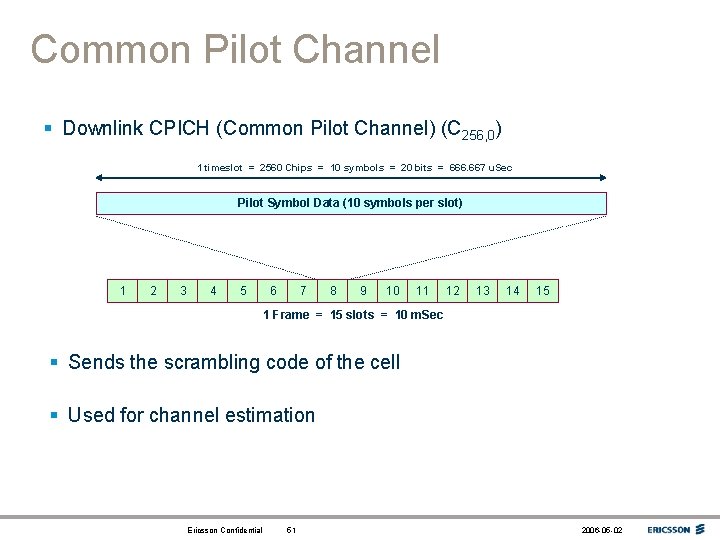 Common Pilot Channel § Downlink CPICH (Common Pilot Channel) (C 256, 0) 1 timeslot