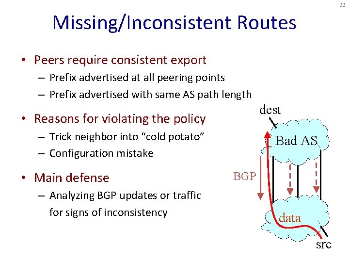 22 Missing/Inconsistent Routes • Peers require consistent export – Prefix advertised at all peering