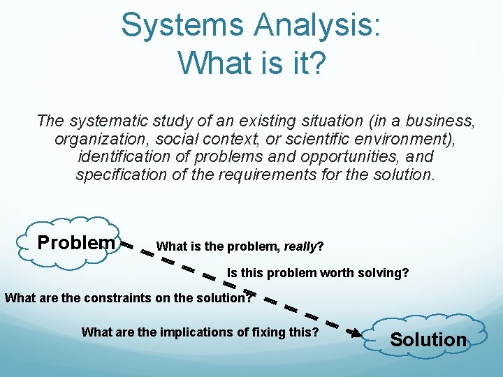 Systems Analysis: What is it? The systematic study of an existing situation (in a