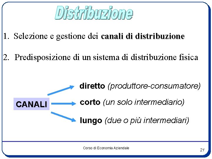 1. Selezione e gestione dei canali di distribuzione 2. Predisposizione di un sistema di