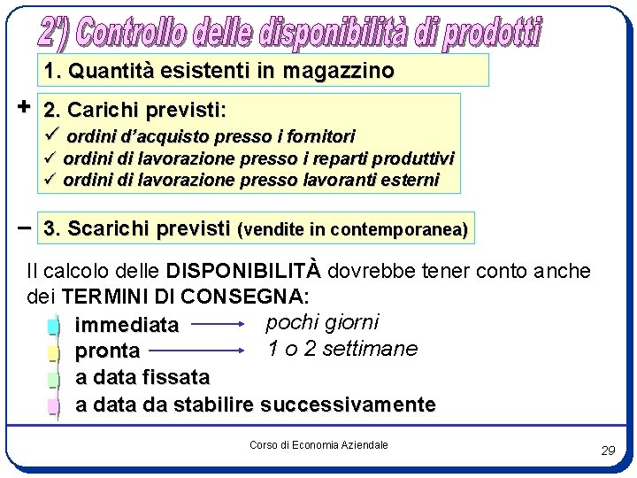 1. Quantità esistenti in magazzino + 2. Carichi previsti: ü ordini d’acquisto presso i