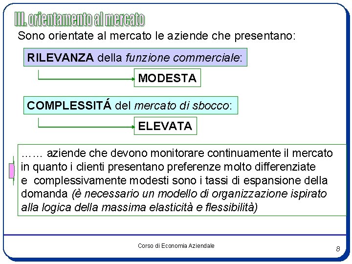 Sono orientate al mercato le aziende che presentano: RILEVANZA della funzione commerciale: MODESTA COMPLESSITÁ