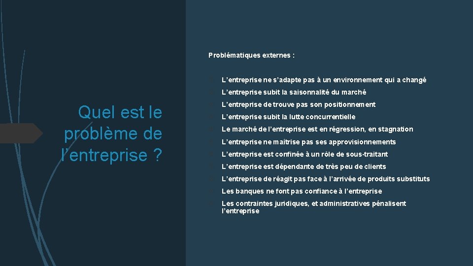 Problématiques externes : L’entreprise ne s’adapte pas à un environnement qui a changé L’entreprise