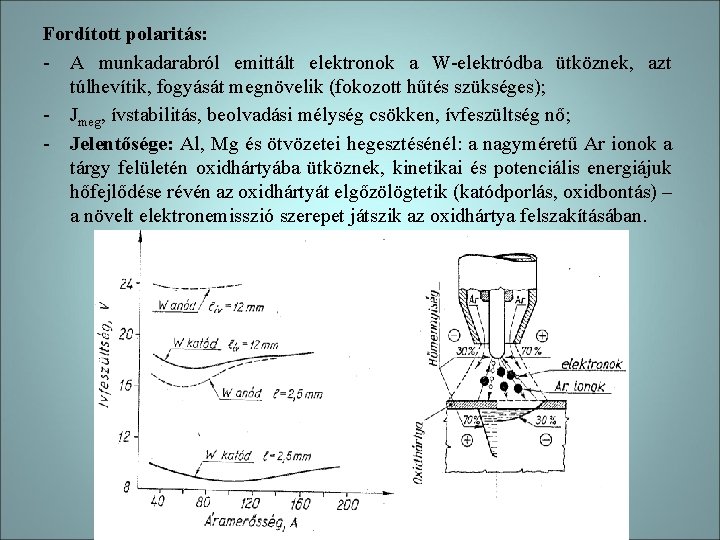 Fordított polaritás: - A munkadarabról emittált elektronok a W-elektródba ütköznek, azt túlhevítik, fogyását megnövelik